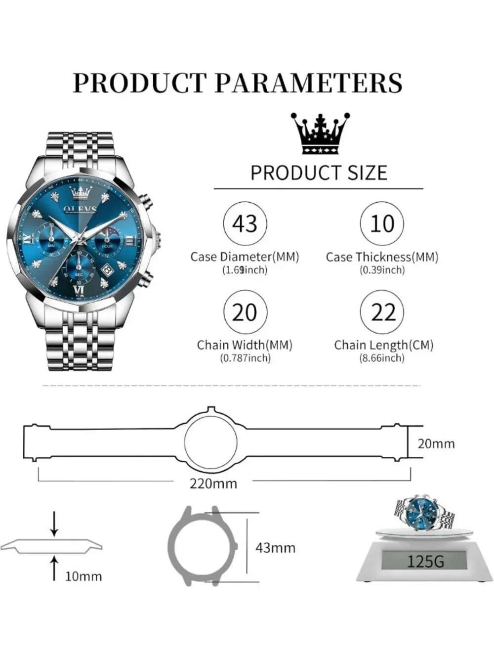 Luxury Stainless Steel Men's Watch - Diamond Chronograph, Multifunction, Date